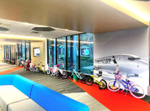 Bicycles line the hallways at the American Airlines Flight Academy in Dallas-Fort Worth.