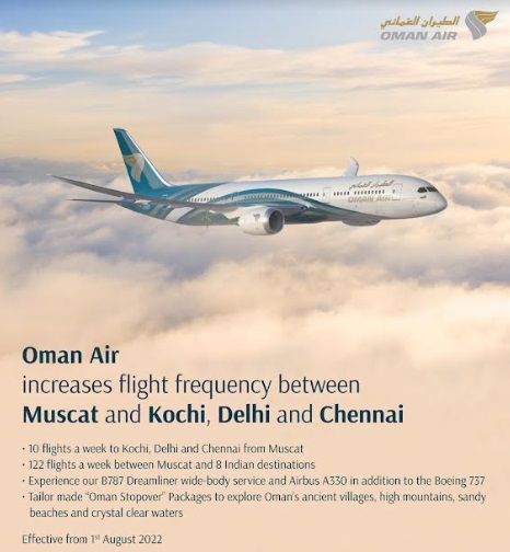 Oman Air Increases the Number of Flights Between Muscat and Kochi, Delhi and Chennai