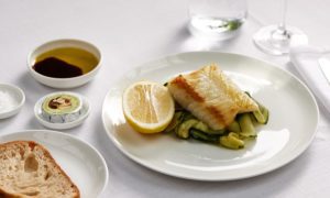 Seared Glacier 51 Toothfish with zucchini ribbon, lemon and Cobram Estate Hojiblanca extra virgin olive oil (First)