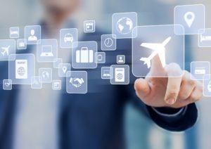 Business trip concept, businessman touching icons, travel plan