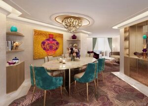 The adventure-inspired accommodations aboard the Disney Treasure will extend to four royal suites that pay tribute to the faithful feline companions of daring Disney characters. The upscale designs will include the Rajah Royal Suites, themed to Princess Jasmine’s protective tiger who dwells in the royal palace of Agrabah in the classic Disney film, “Aladdin.” (Disney)