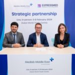 Dr Kadhem Al Khenaizi, Managing Director, Express Med Diagnostics and Research; Tom Coleman, Group Exhibition Director, Informa Markets Healthcare; and Dr Karolina Kobus, Head of Genomics and Precision Medicine Lab Technology and Innovation Advisor at Express Med Diagnostics and Research, at the strategic signing between Medlab Middle East and Express Med Diagnostics and Research.