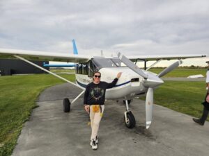TravelManagers’ Rose Febo at Kaikōura Aero Club, ready for her ‘Wings Over Whales’ flightseeing experience.