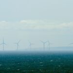 Collieston is a small former fishing village on the North Sea coast in Aberdeenshire. Seen here is a wind farm out to sea.