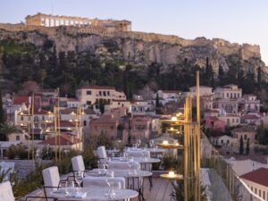 The Dollis rooftop restaurant overlooking the Athenian panorama.