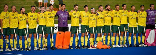 The Kookaburras line-up for the Australian National Anthem during Test 1 against India at the Perth International Festival of Hockey.