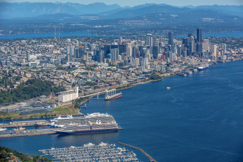 Holland America's Nieuw Amsterdam and Majestic Princess at Smith Cove Cruise Terminal, and Celebrity Millennium at Bell Street Pier Cruise Terminal, 22 July 2021.