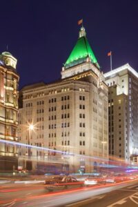 The Fairmont Peace Hotel Exterior Night View.