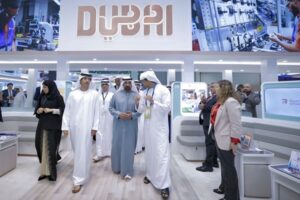Sheikh Ahmed leads dignitaries through Dubai’s bustling ATM 2025 showcase.