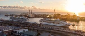 Sunset shot Crown Princess and Pacific Explorer at Fremantle