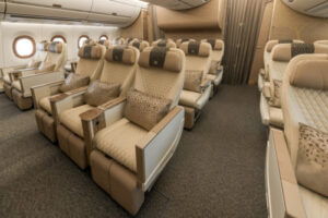 The Emirates A350 on display features 21 Premium Economy seats.