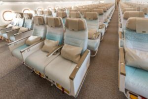 The Emirates A350 on display features 259 generously pitched Economy Class seats.