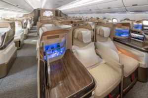 The Emirates A350 on display features three spacious cabin classes including 32 next-generation Business Class lie-flat seats.