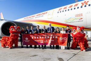 The inaugural flight HX017 landed at SYD this morning and all arriving passengers were treated to a traditional water cannon salute and welcome ceremony. _ Source Hong Kong Airlines