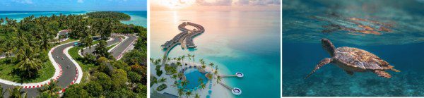 From left to right Kandima's newly-launched professional-grade E-Go-Kart track, FastTrack Kandima from above a resident sea turtle by Kandima's house reef.