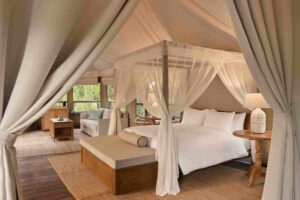 Soft, natural tones and handcrafted details define the interiors at Tantawan Tented Camp.