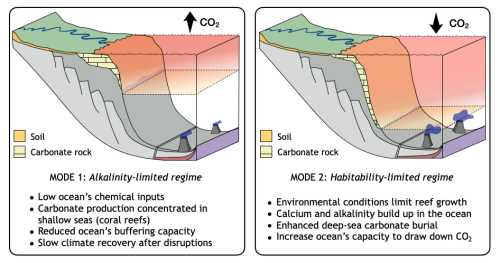 Alkaline limited regime (left) leads to slow climate recovery. Reef space collapse (right) stimulates nannoplankton productivity and climate recovery.