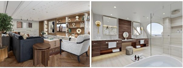Left: Owner’s Suite living room aboard Oceania Sonata. Right: Oceania Suite master bathroom aboard Oceania Sonata. - Credit Oceania Cruises