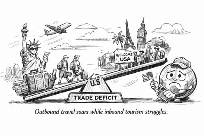 US travel rebound falters as outbound surge widens gap