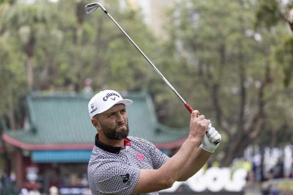 Captain Jon Rahm of Legion XIII hits his shot from the seventh tee during the second round of HSBC LIV