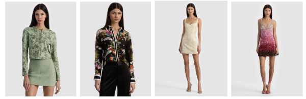 (L to R) Carson Printed Cardigan (HK$3,150), Willa Silk Blouse (HK$3,150), Eve Embroidered Mini Dress (HK$3,850), Eve Embellished Mini Dress (HK$8,450)