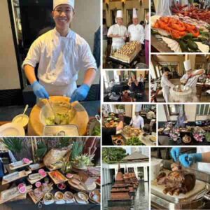 Nearby, chefs work at live cooking stations preparing grilled meats, seafood and signature dishes to order
