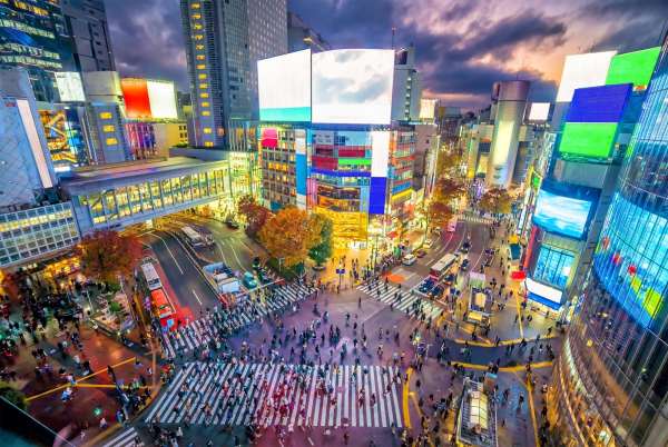 Shibuya Crossing from top view at twilight in Tokyo, Japan