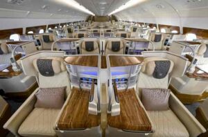 Business Class in the newly retrofitted A380 aircraft- converted from two class to three class