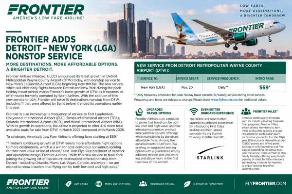 Frontier Adds Detroit–LaGuardia Nonstop in Rapid Growth