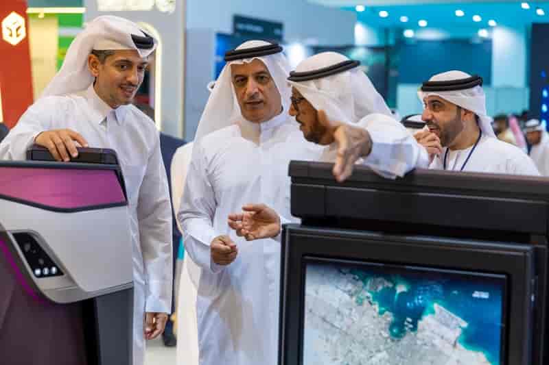 Qatar Airways Group Chief Executive Officer, Hamad Al-Khater (left), hosted distinguished guests on a tour of the airline’s pavilion at Arabian Travel Market 2026