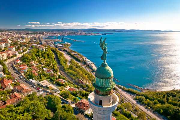 Trieste,Lighthouse,Phare,De,La,Victoire,And,Cityscape,Panoramic,Aerial